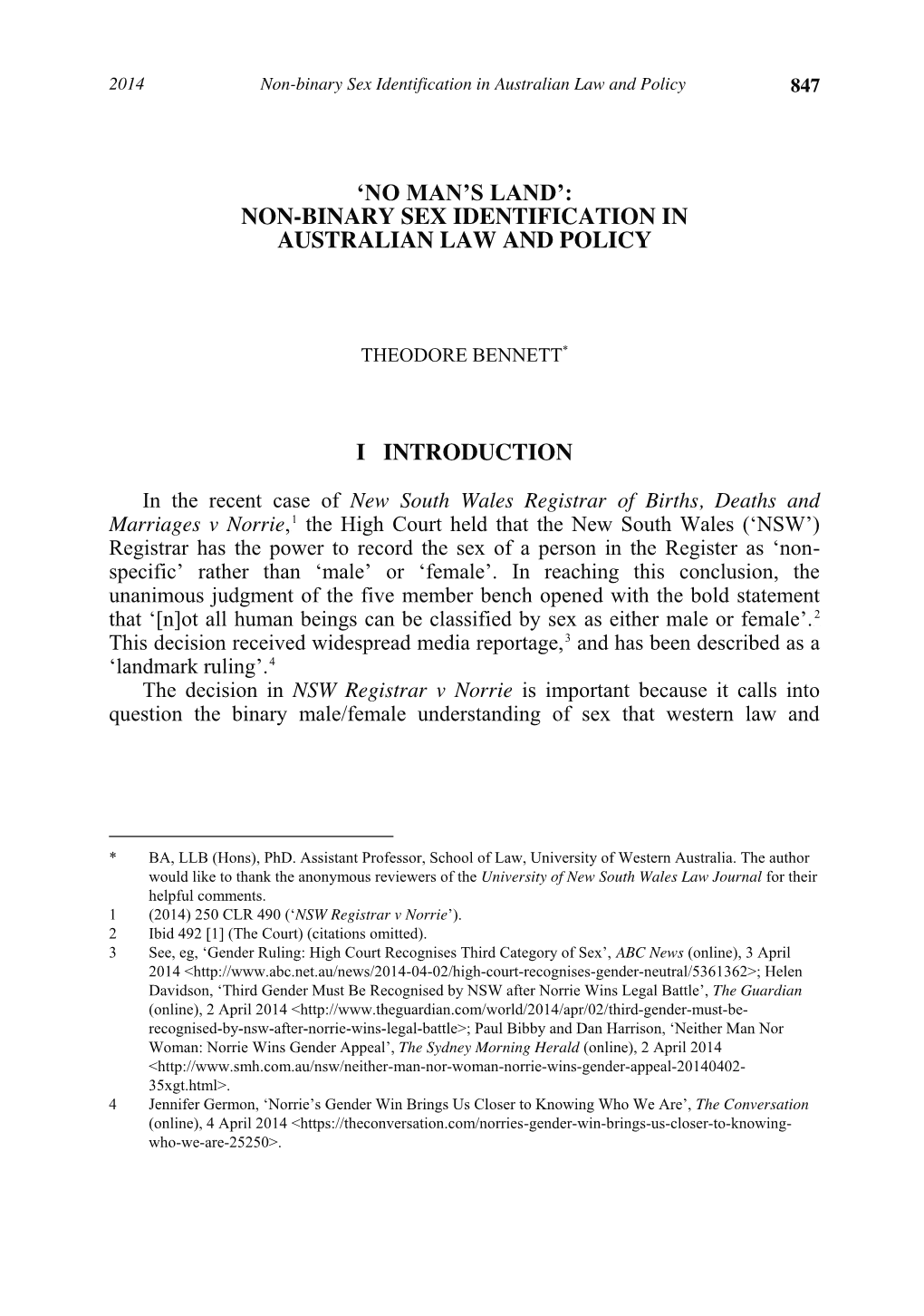 Non-Binary Sex Identification in Australian Law and Policy 847