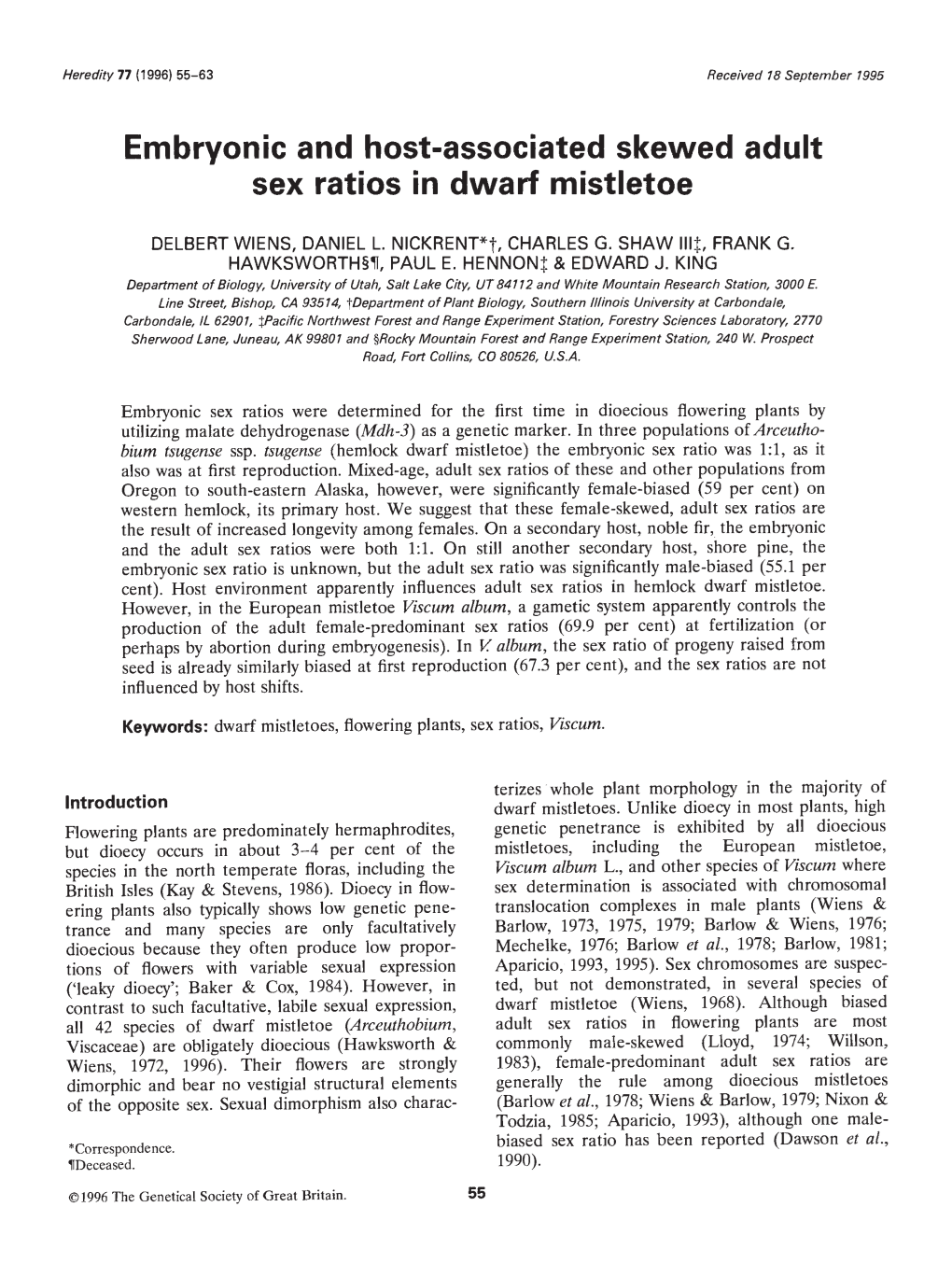Sex Ratios in Dwarf Mistletoe