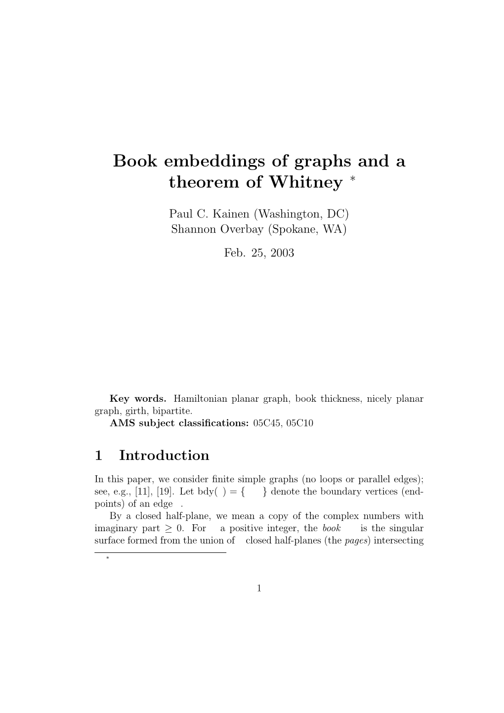 Book Embeddings of Graphs and a Theorem of Whitney ∗