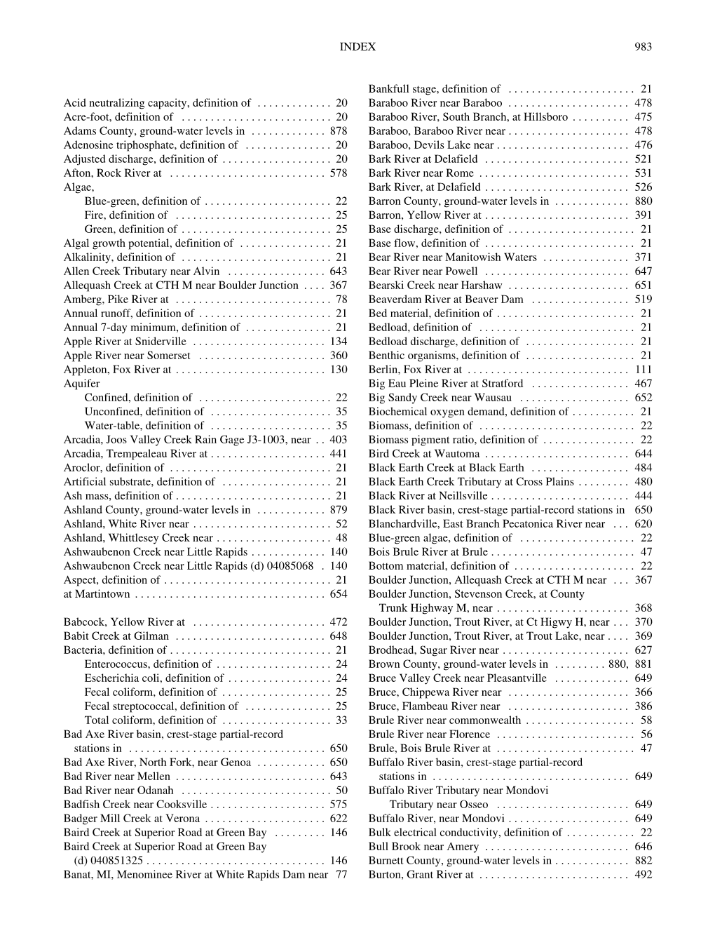 983 INDEX Acid Neutralizing Capacity, Definition of ...20 Acre-Foot, Definition of