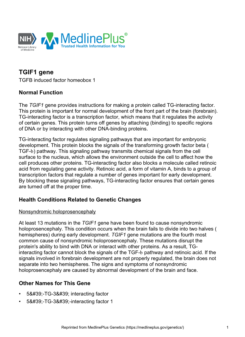 TGIF1 Gene TGFB Induced Factor Homeobox 1