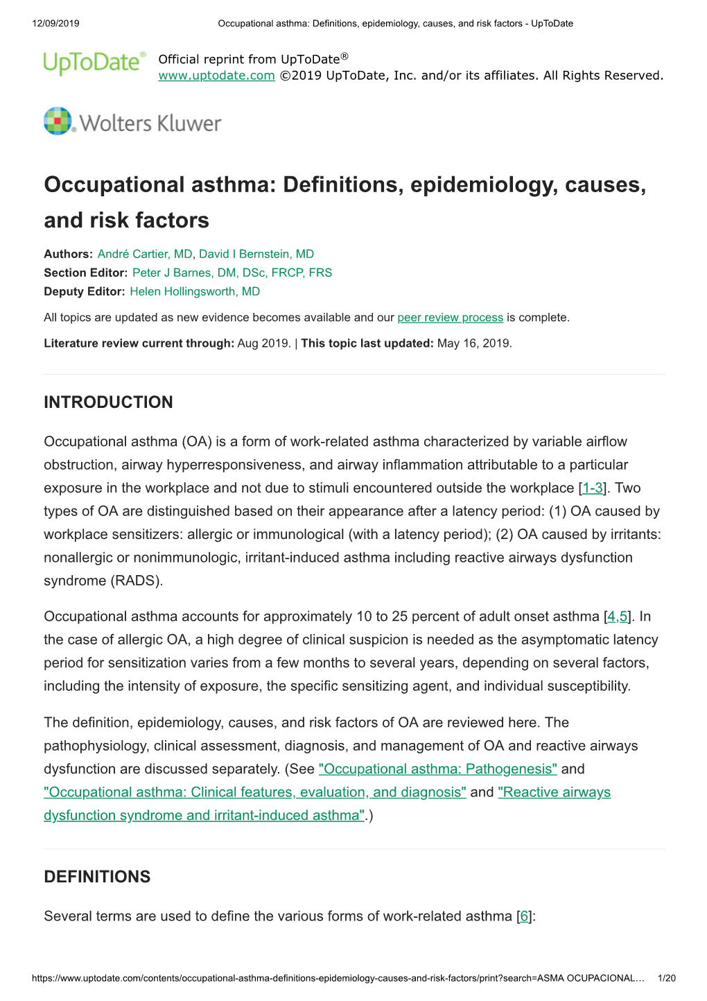 Occupational Asthma: Definitions, Epidemiology, Causes, and Risk Factors - Uptodate