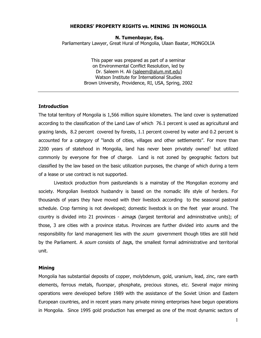 HERDERS' PROPERTY RIGHTS Vs. MINING in MONGOLIA