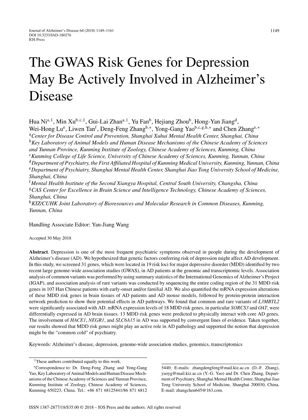 The GWAS Risk Genes for Depression May Be Actively Involved in Alzheimer’S Disease