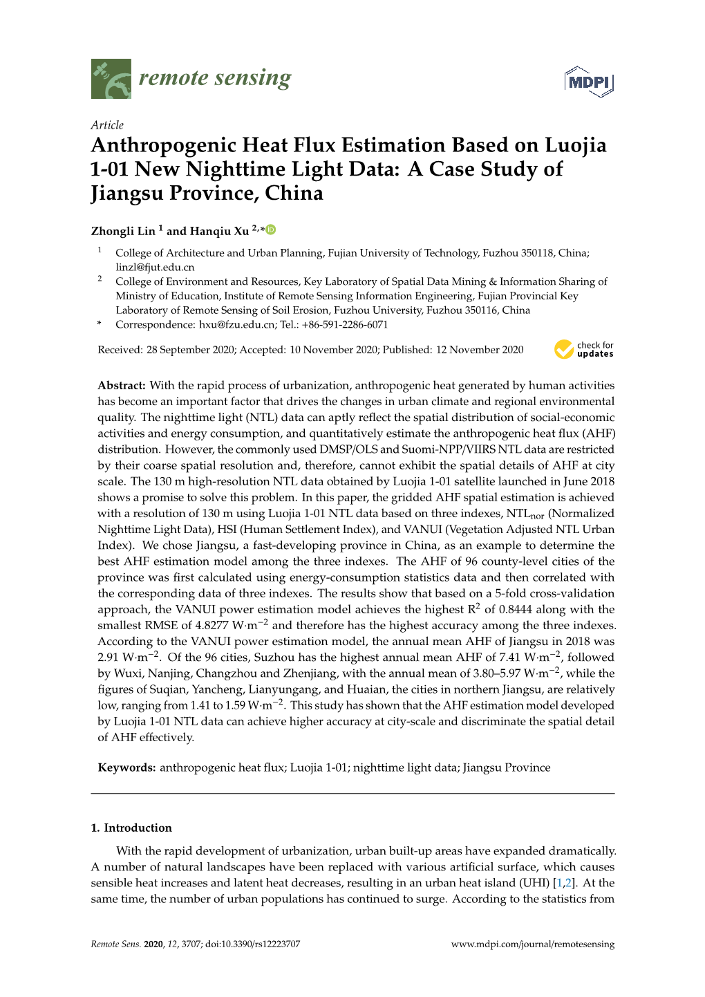 Anthropogenic Heat Flux Estimation Based on Luojia 1-01 New Nighttime Light Data: a Case Study of Jiangsu Province, China