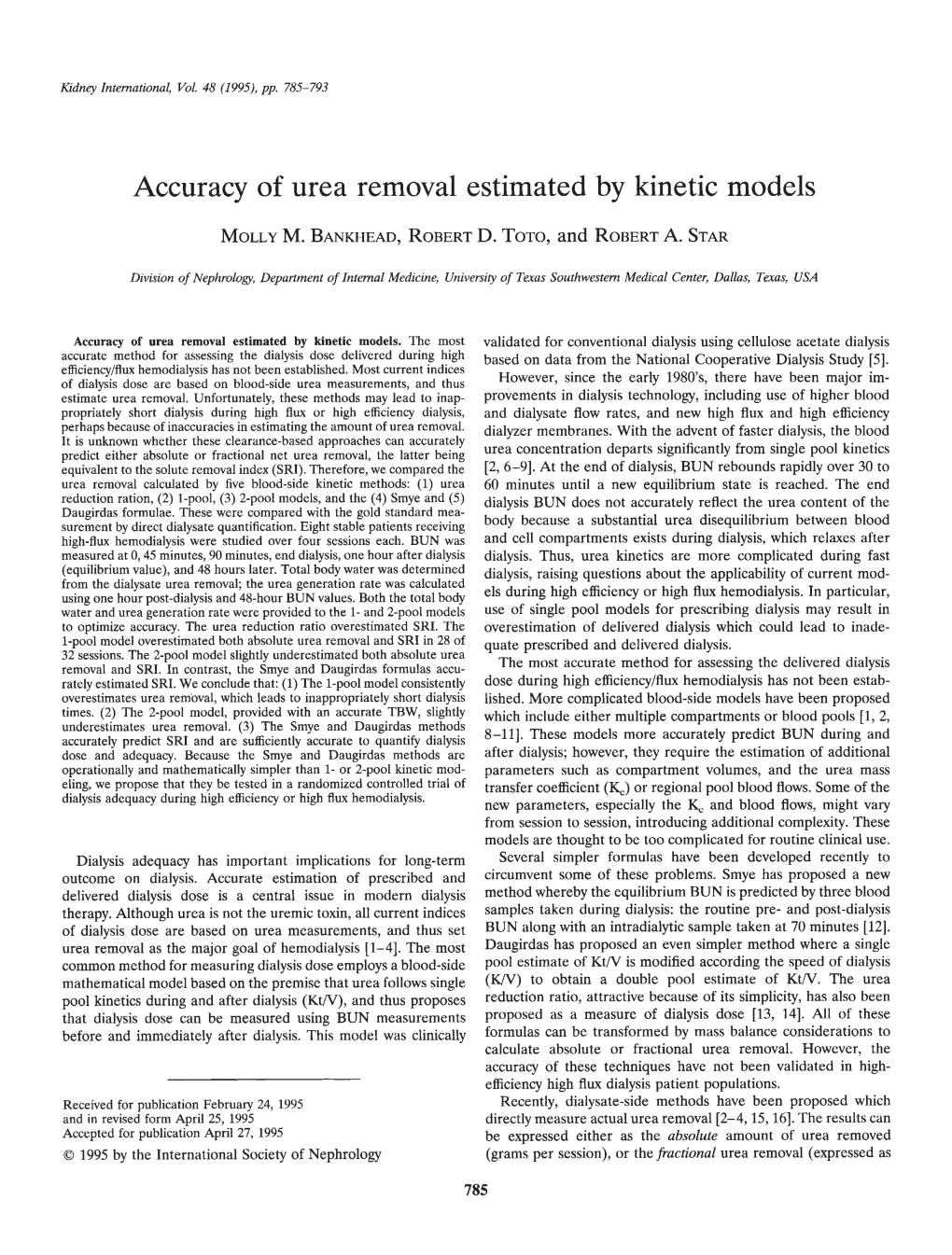 Accuracy of Urea Removal Estimated by Kinetic Models
