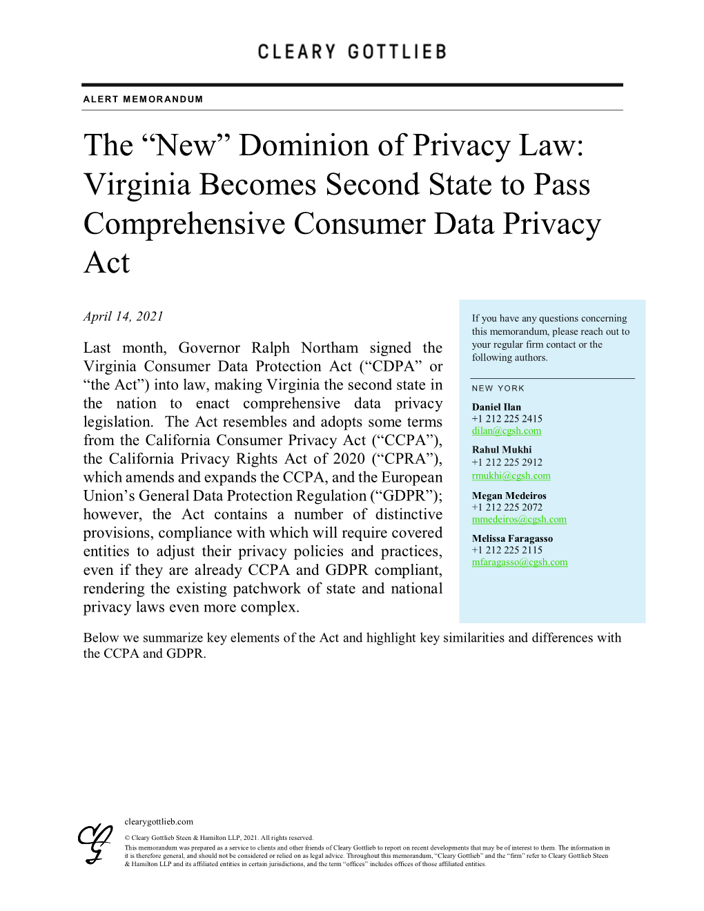 The “New” Dominion of Privacy Law: Virginia Becomes Second State to Pass Comprehensive Consumer Data Privacy Act