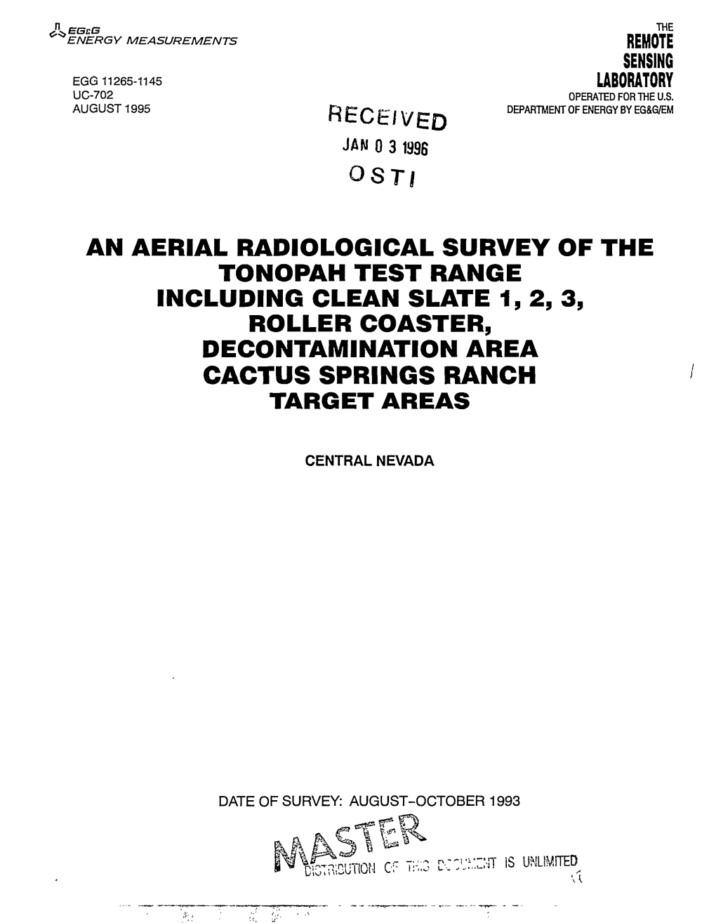 An Aerial Radiological Survey of the Tonopah Test Range Including Clean Slate 1, 2, 3, Roller Coaster, Decontamination Area Cactus Springs Ranch Target Areas