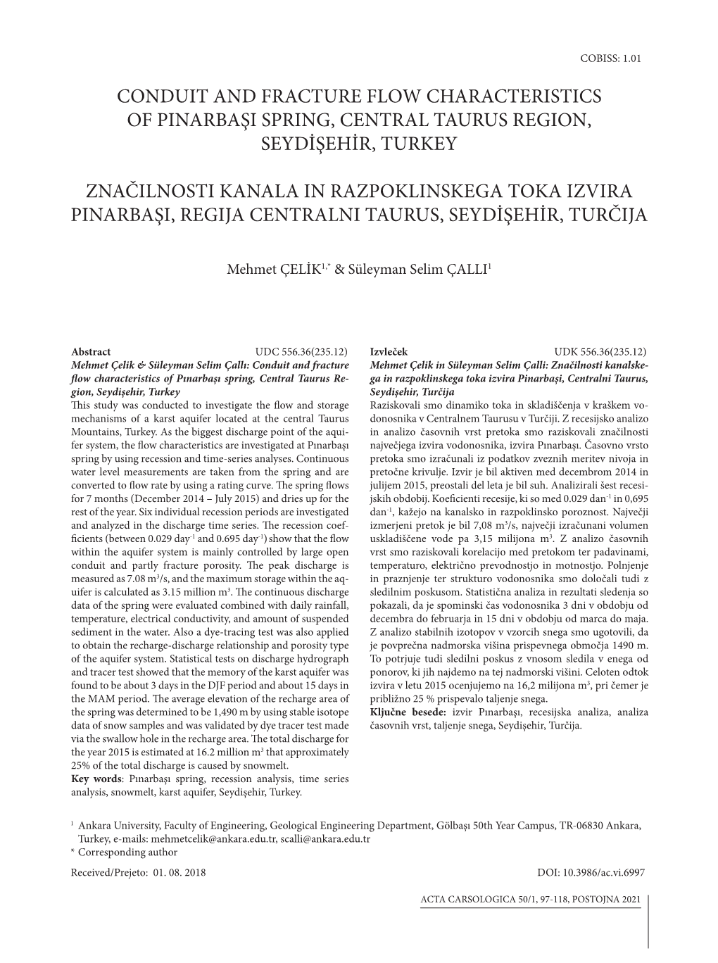 Conduit and Fracture Flow Characteristics of Pinarbaşi Spring, Central Taurus Region, Seydişehir, Turkey