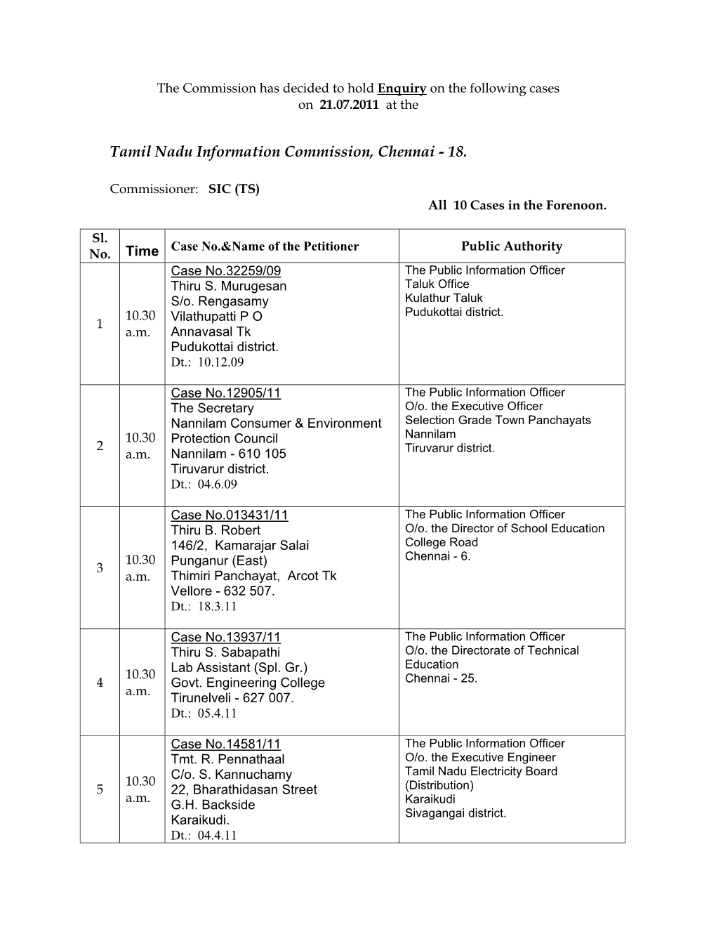 Tamil Nadu Information Commission, Chennai - 18