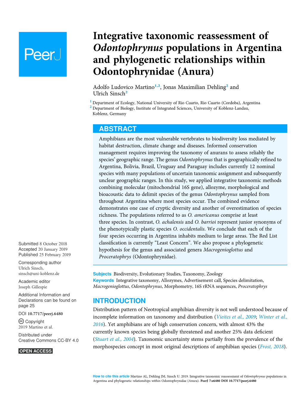 Integrative Taxonomic Reassessment of Odontophrynus Populations in Argentina and Phylogenetic Relationships Within Odontophrynidae (Anura)