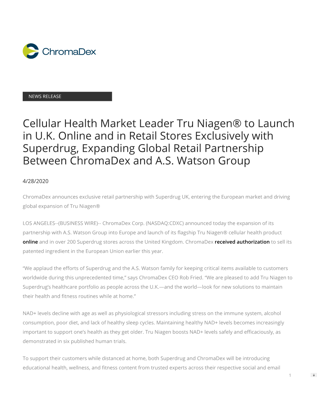Cellular Health Market Leader Tru Niagen® to Launch in U.K. Online