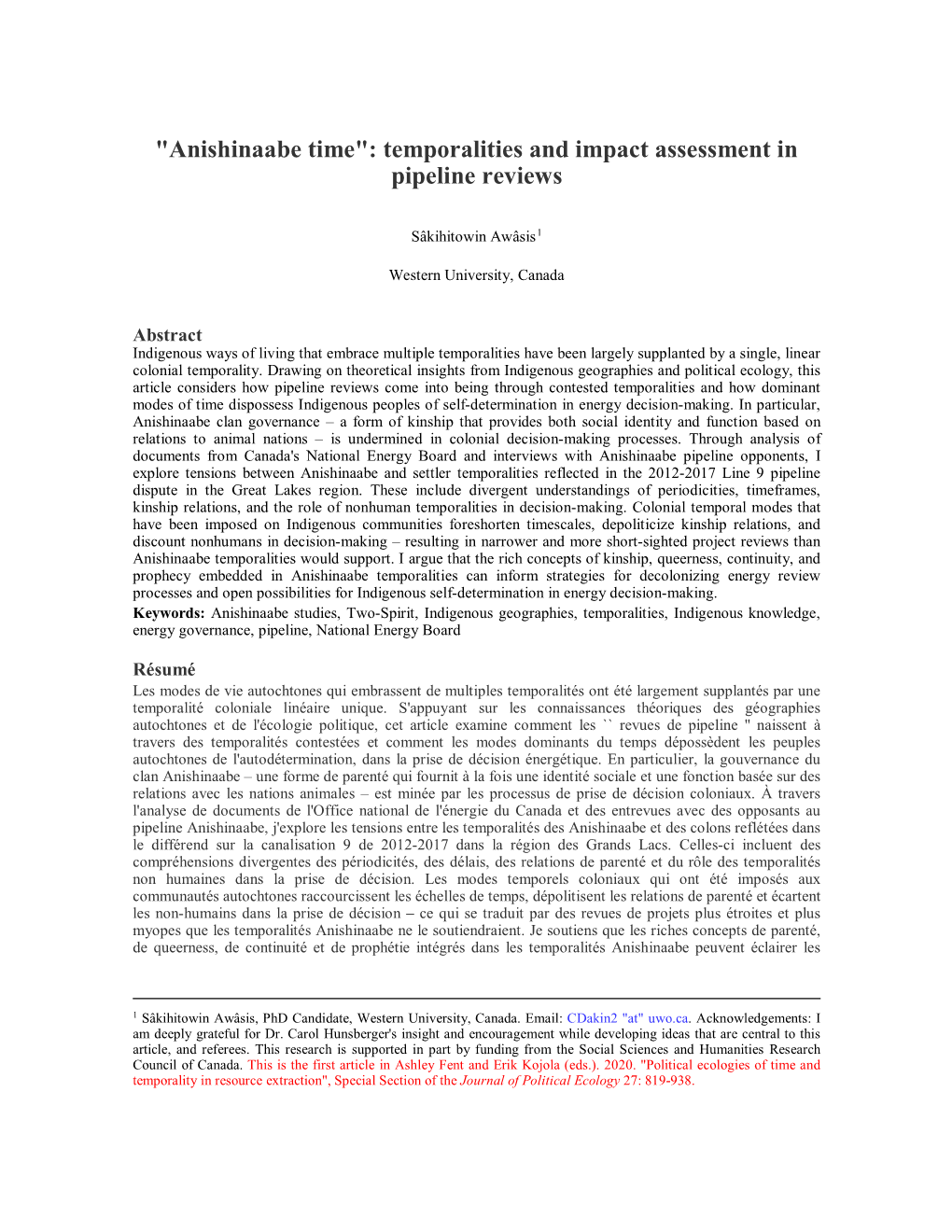 Anishinaabe Time": Temporalities and Impact Assessment in Pipeline Reviews