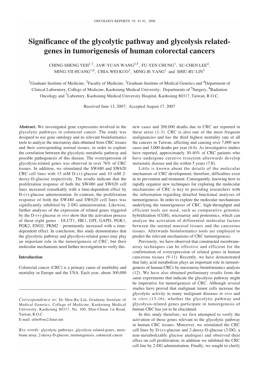 Genes in Tumorigenesis of Human Colorectal Cancers