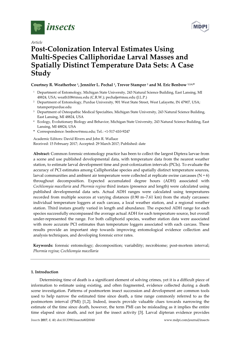 Post-Colonization Interval Estimates Using Multi-Species Calliphoridae Larval Masses and Spatially Distinct Temperature Data Sets: a Case Study