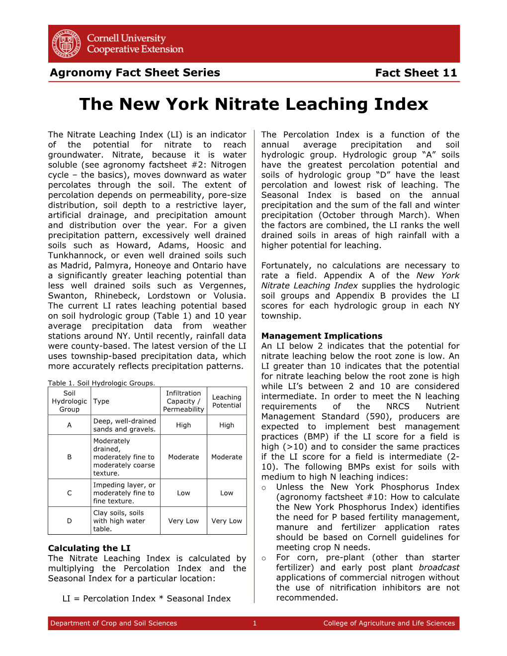 The New York Nitrate Leaching Index