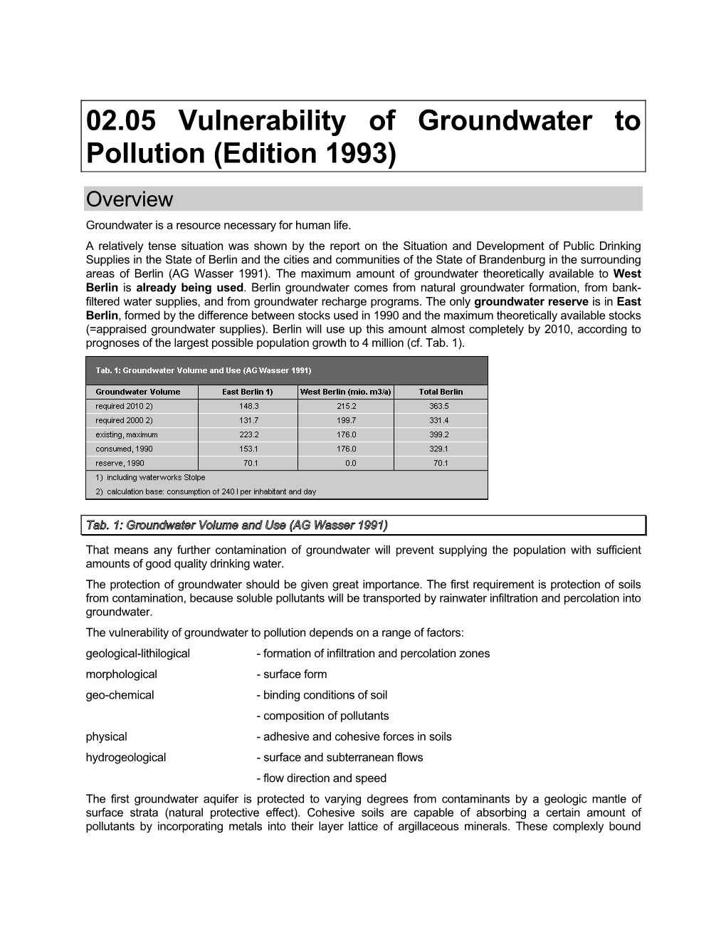 02.05 Vulnerability of Groundwater to Pollution (Edition 1993) Overview Groundwater Is a Resource Necessary for Human Life