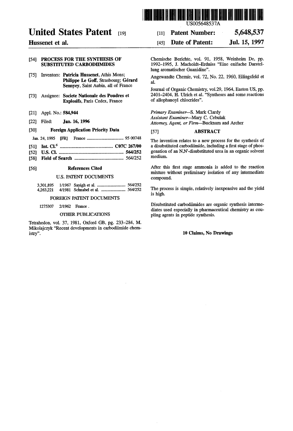 United States Patent (19) 11 Patent Number: 5,648,537 Hussenet Et Al