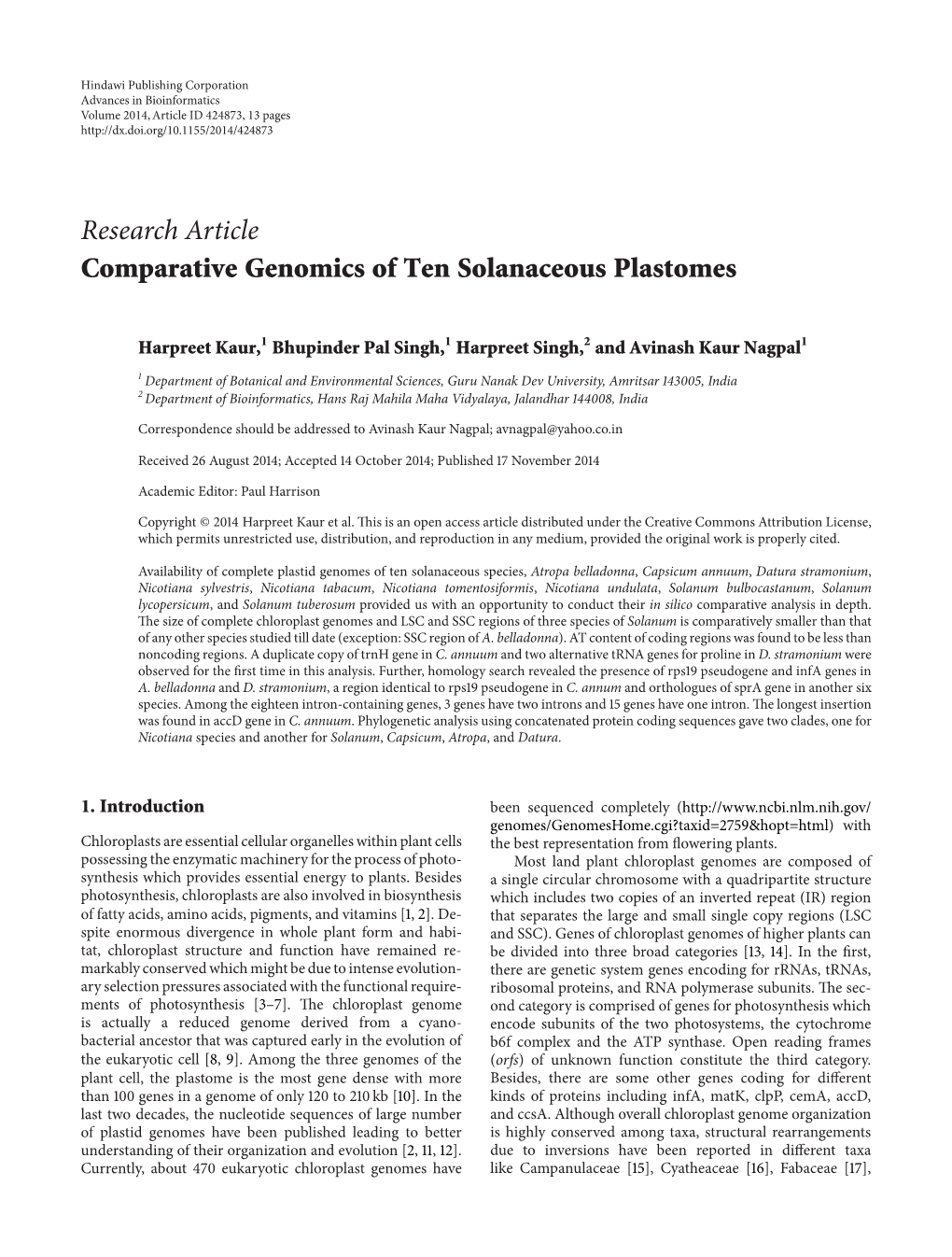 Comparative Genomics of Ten Solanaceous Plastomes