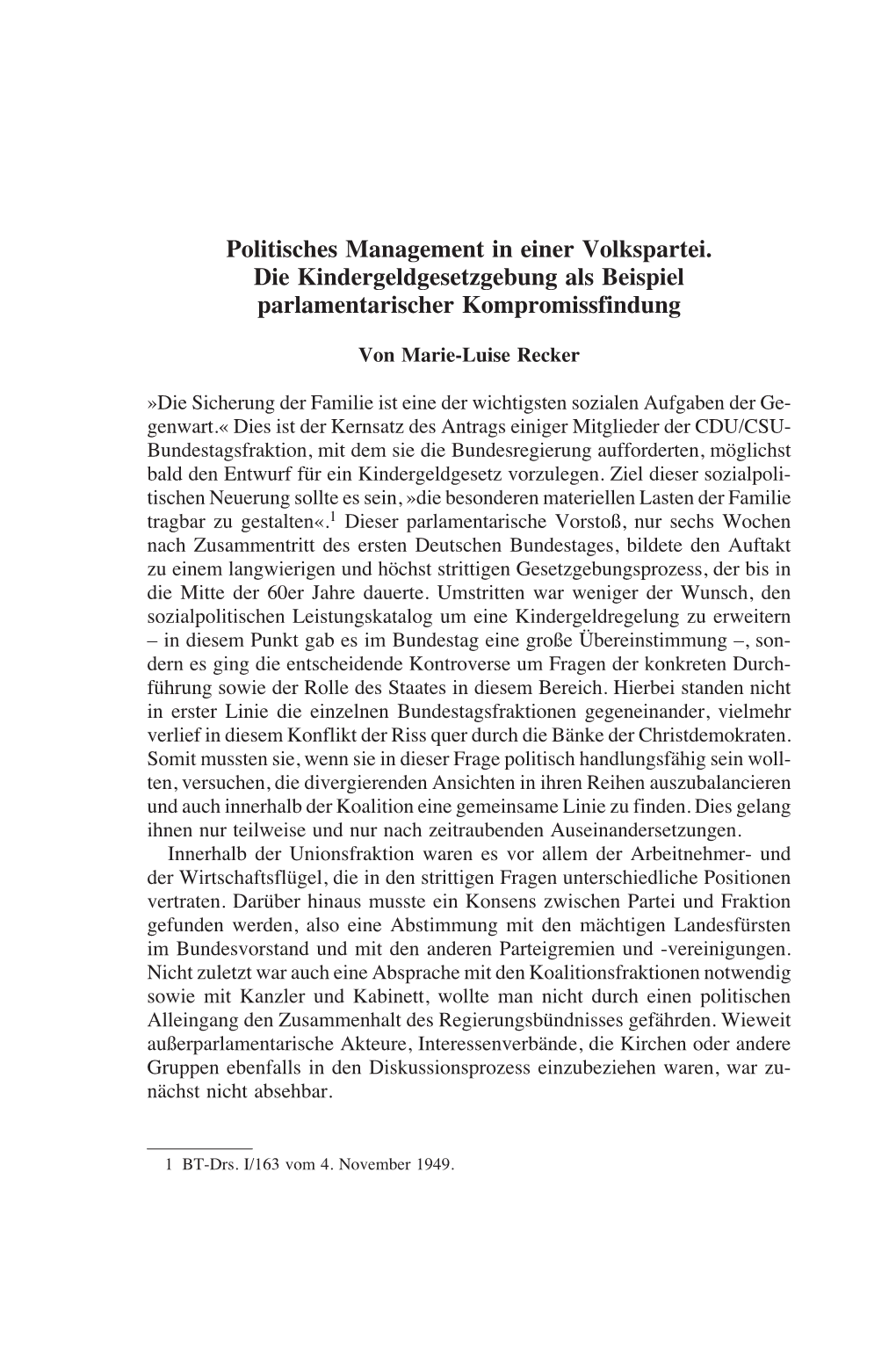 Politisches Management in Einer Volkspartei. Die Kindergeldgesetzgebung Als Beispiel Parlamentarischer Kompromissfindung