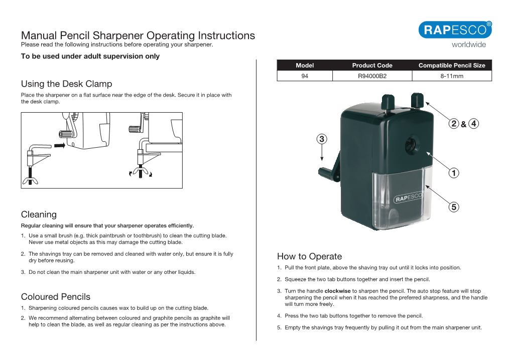 Manual Pencil Sharpener Operating Instructions Please Read the Following Instructions Before Operating Your Sharpener