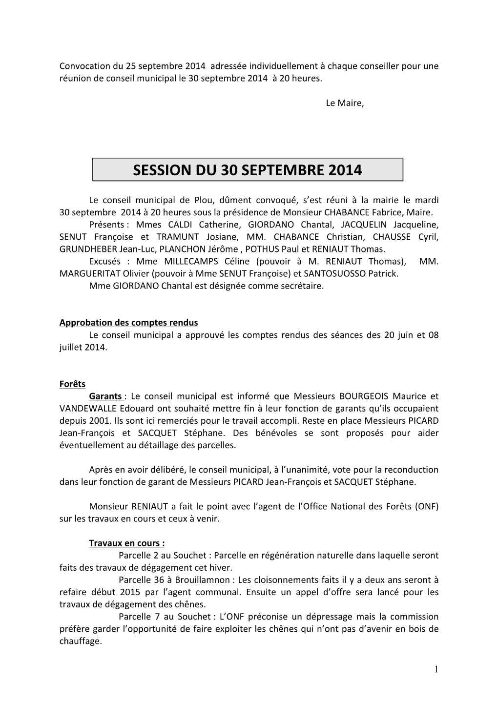Compte-Rendu Du Conseil Municipal Du 30/09/2014
