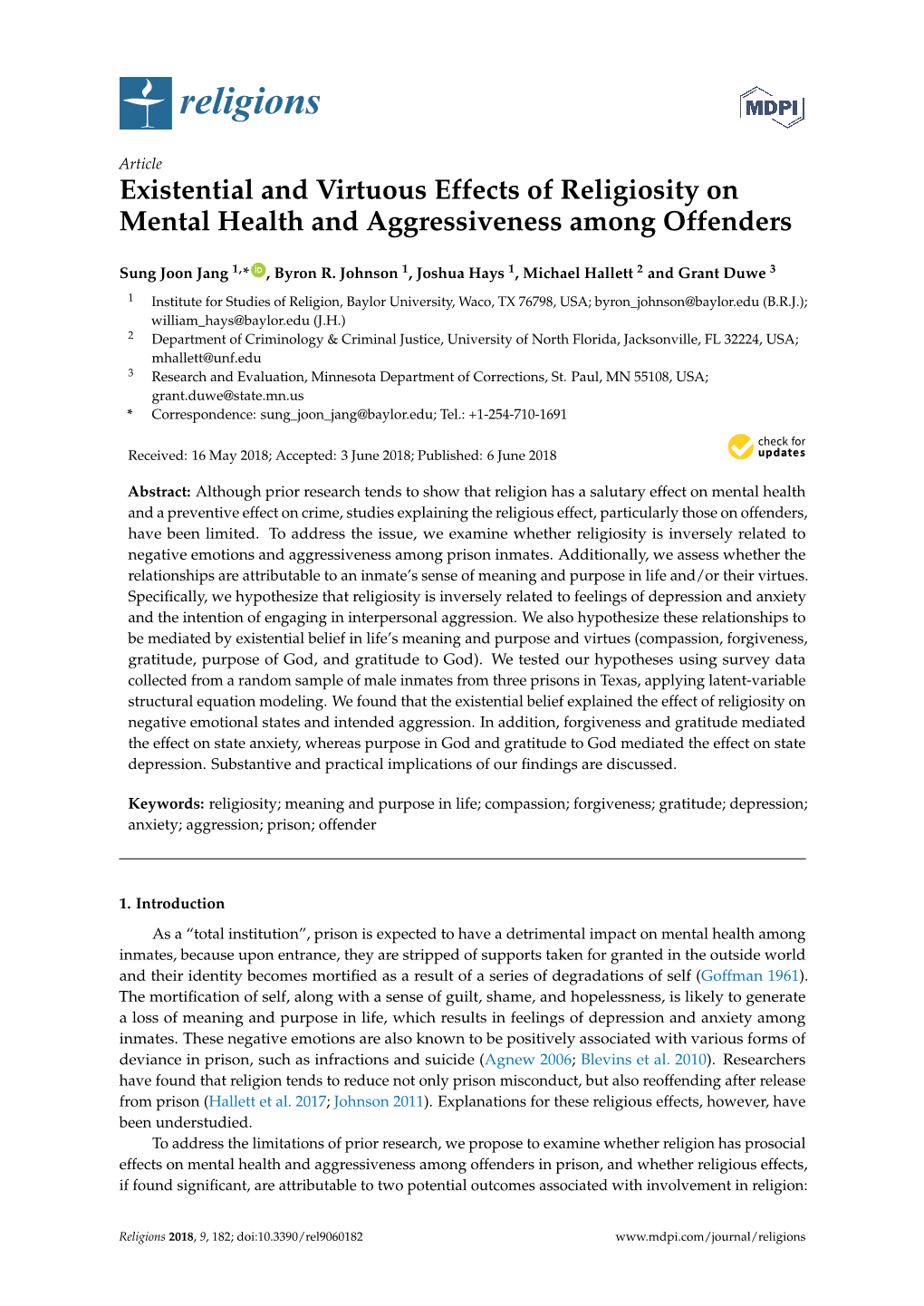 Existential and Virtuous Effects of Religiosity on Mental Health and Aggressiveness Among Offenders