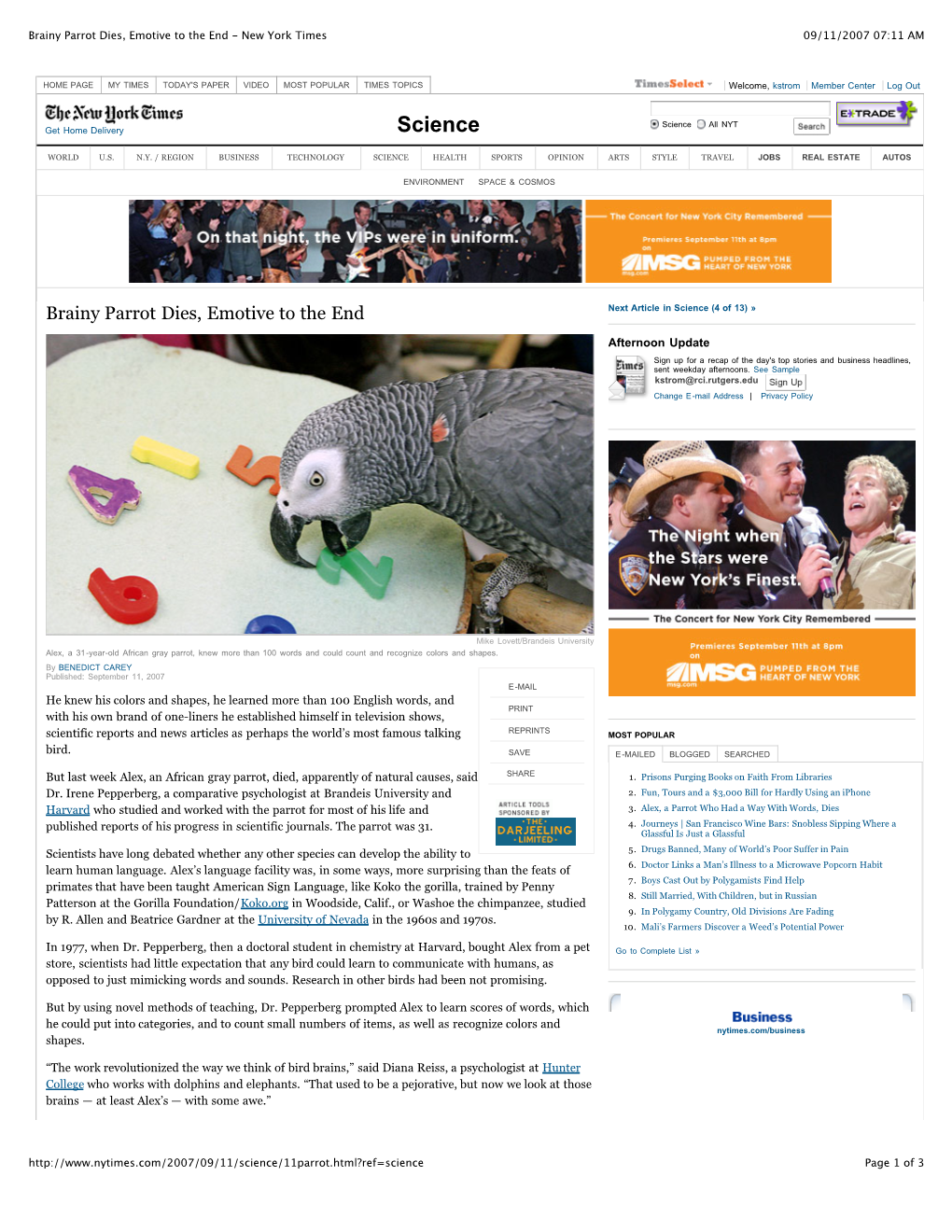 Brainy Parrot Dies, Emotive to the End - New York Times 09/11/2007 07:11 AM