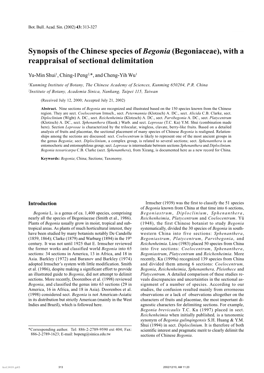 Synopsis of the Chinese Species of Begonia (Begoniaceae), with a Reappraisal of Sectional Delimitation