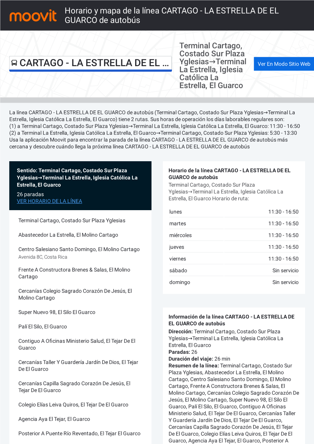 Horario Y Mapa De La Línea CARTAGO - LA ESTRELLA DE EL GUARCO De Autobús