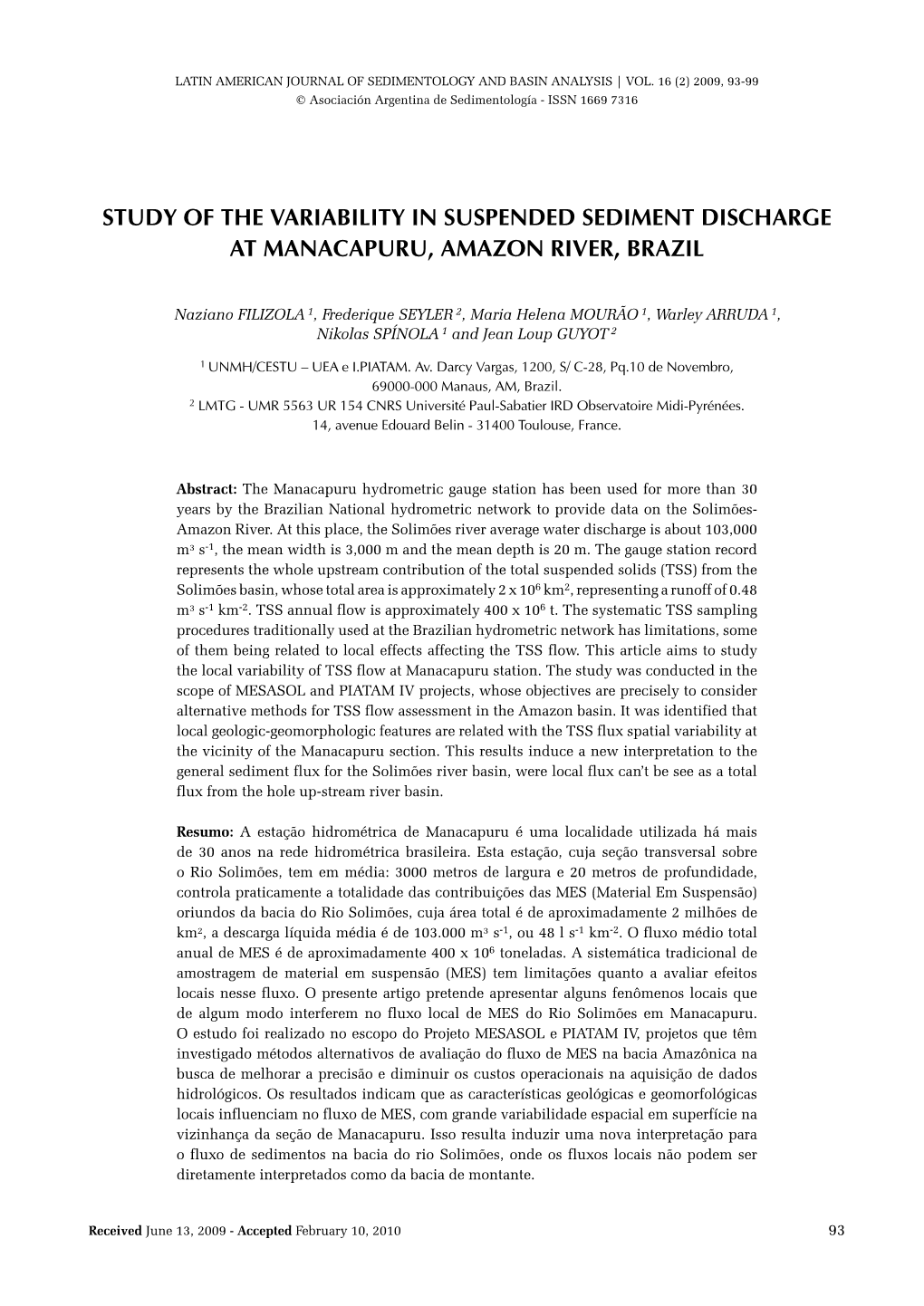 Study of the Variability in Suspended Sediments Discharge at Manacapuru, Amazon River, Brazil