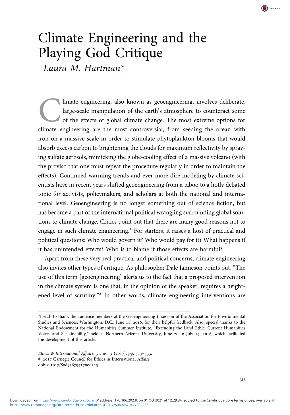 Climate Engineering and the Playing God Critique Laura M