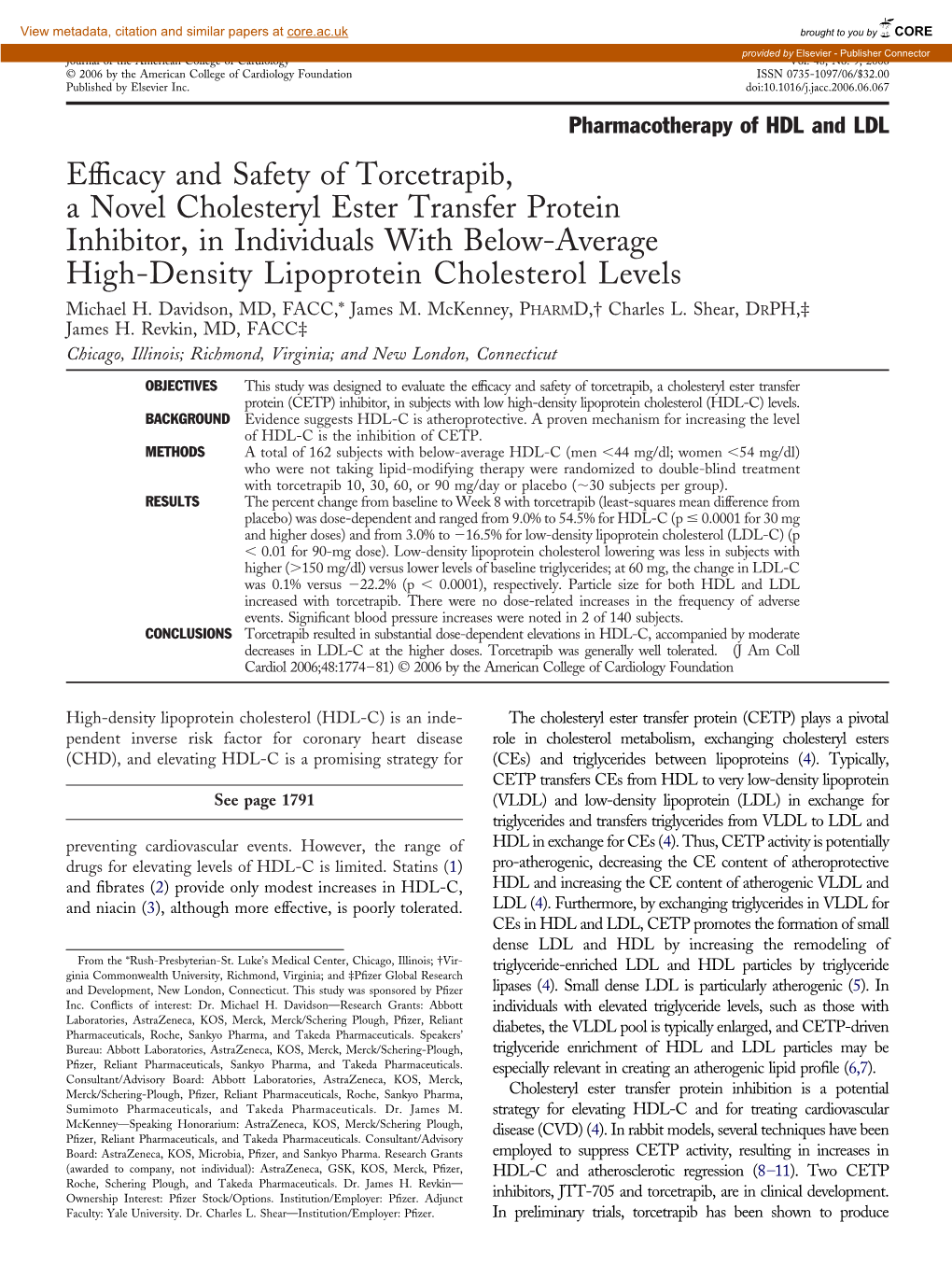 Efficacy and Safety of Torcetrapib, a Novel Cholesteryl Ester Transfer