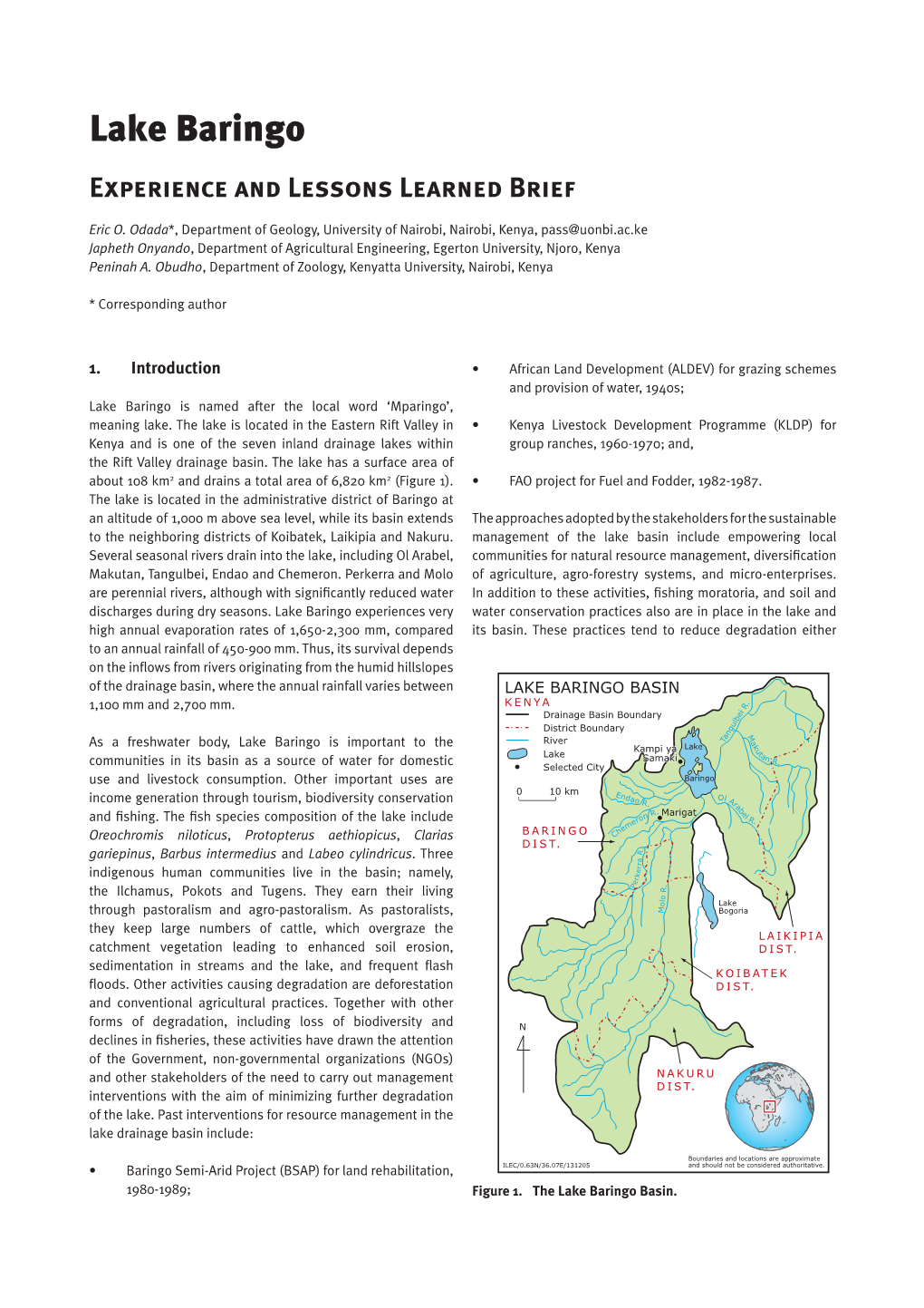 Lake Baringo Experience and Lessons Learned Brief