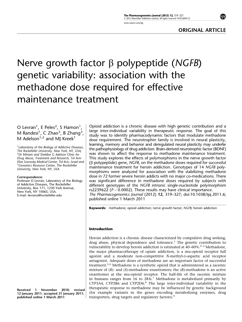 Nerve Growth Factor &Beta; Polypeptide (NGFB) Genetic Variability: Association with the Methadone Dose Required for Effectiv