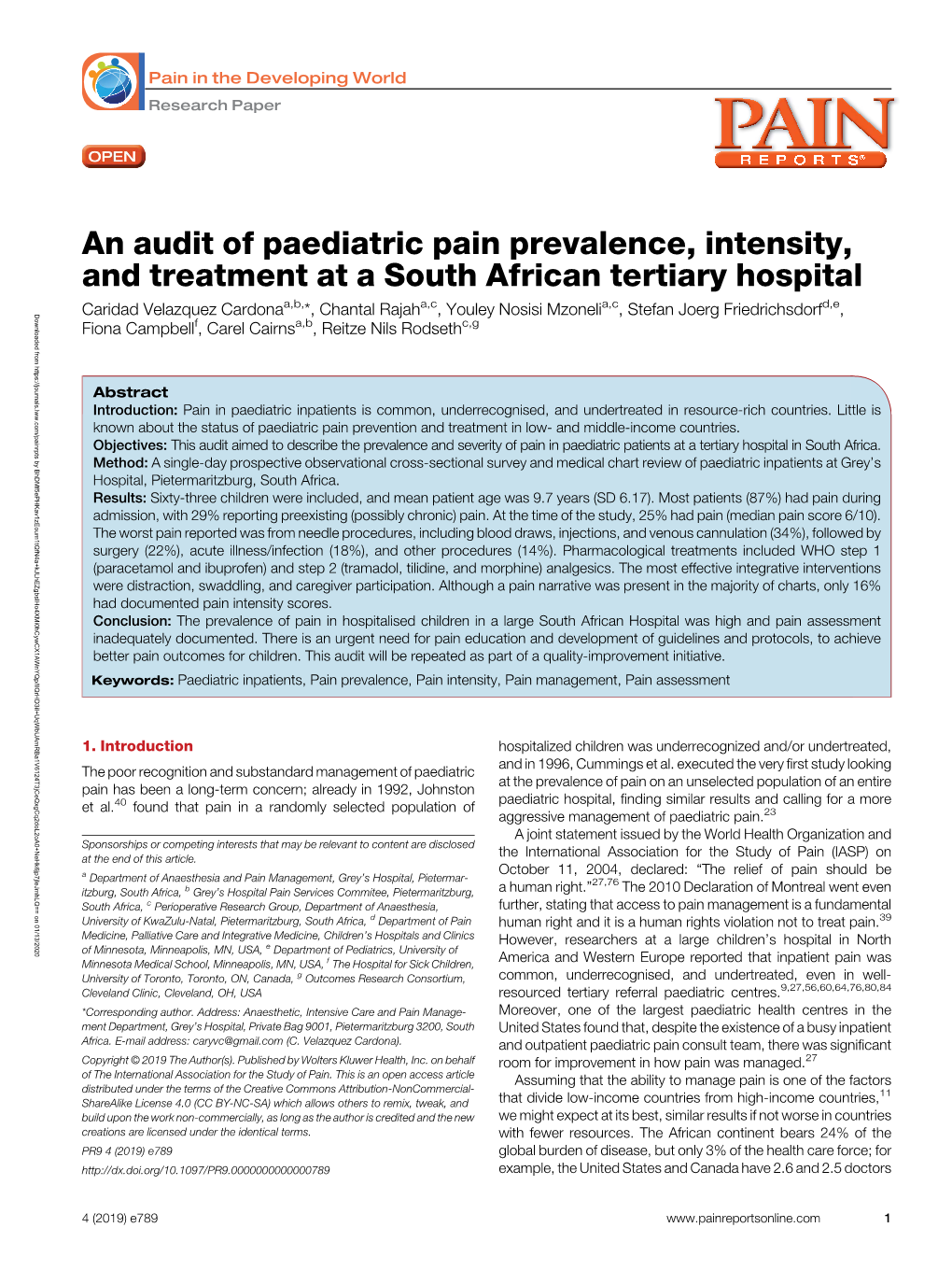 An Audit of Paediatric Pain Prevalence, Intensity, and Treatment at a South African Tertiary Hospital