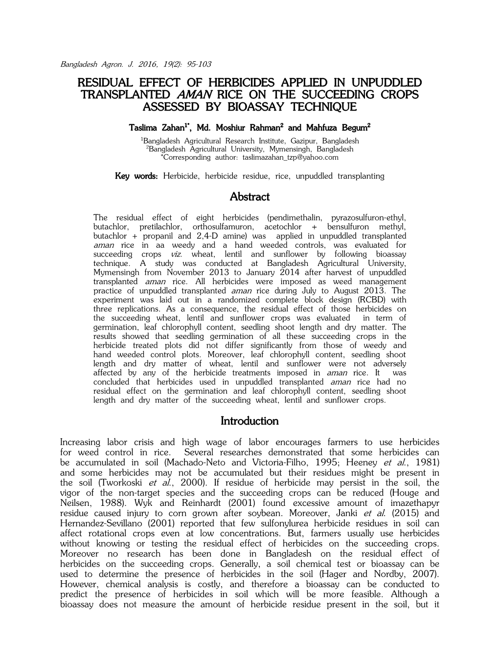 Residual Effect of Herbicides Applied in Unpuddled Transplanted Aman Rice on the Succeeding Crops Assessed by Bioassay Technique