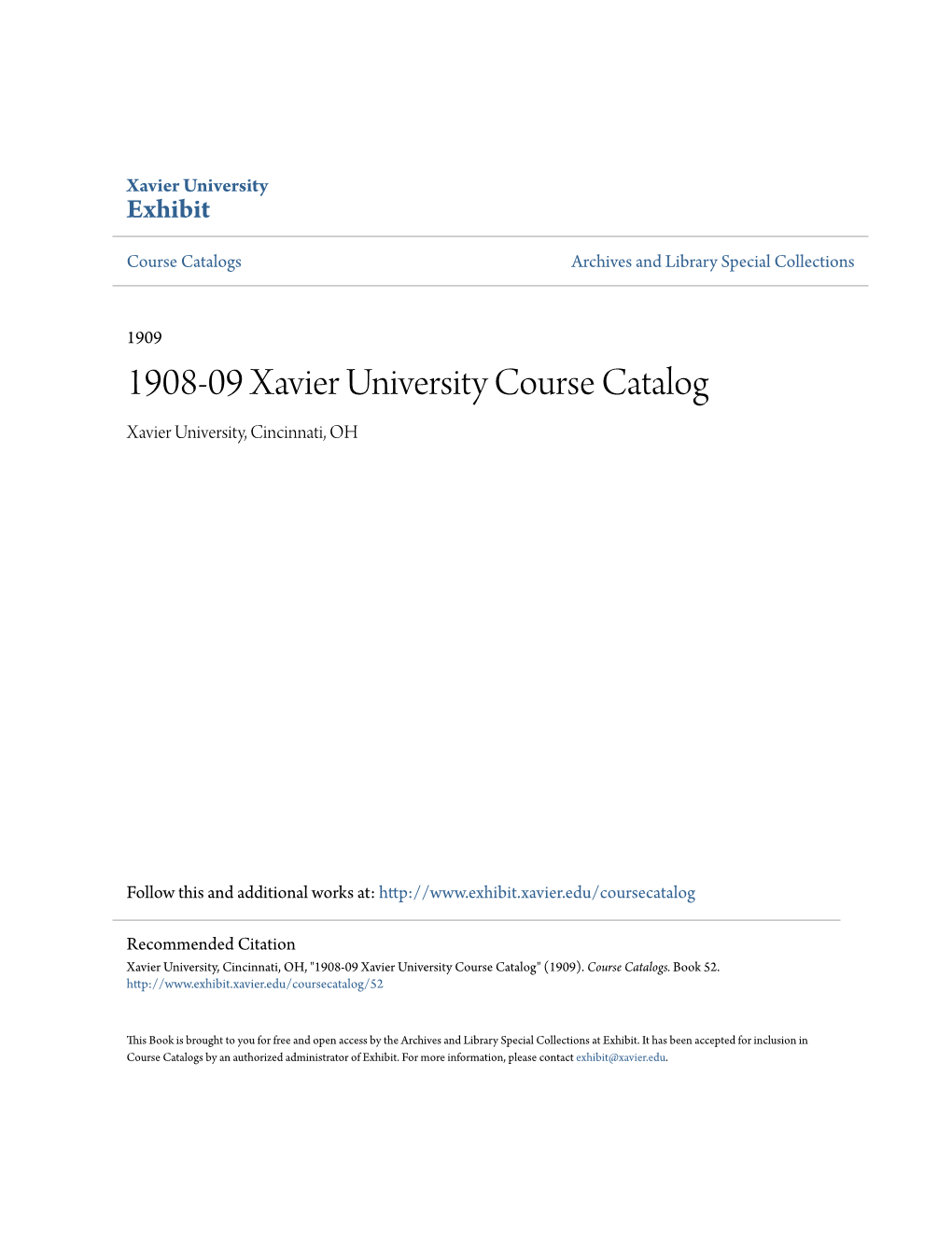 1908-09 Xavier University Course Catalog Xavier University, Cincinnati, OH
