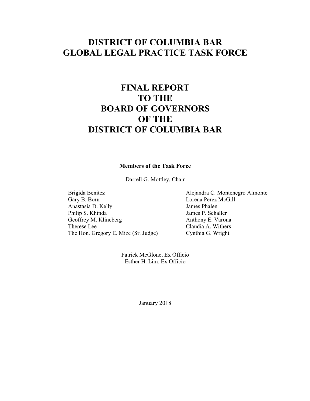 District of Columbia Bar Global Legal Practice Task Force Final Report to The