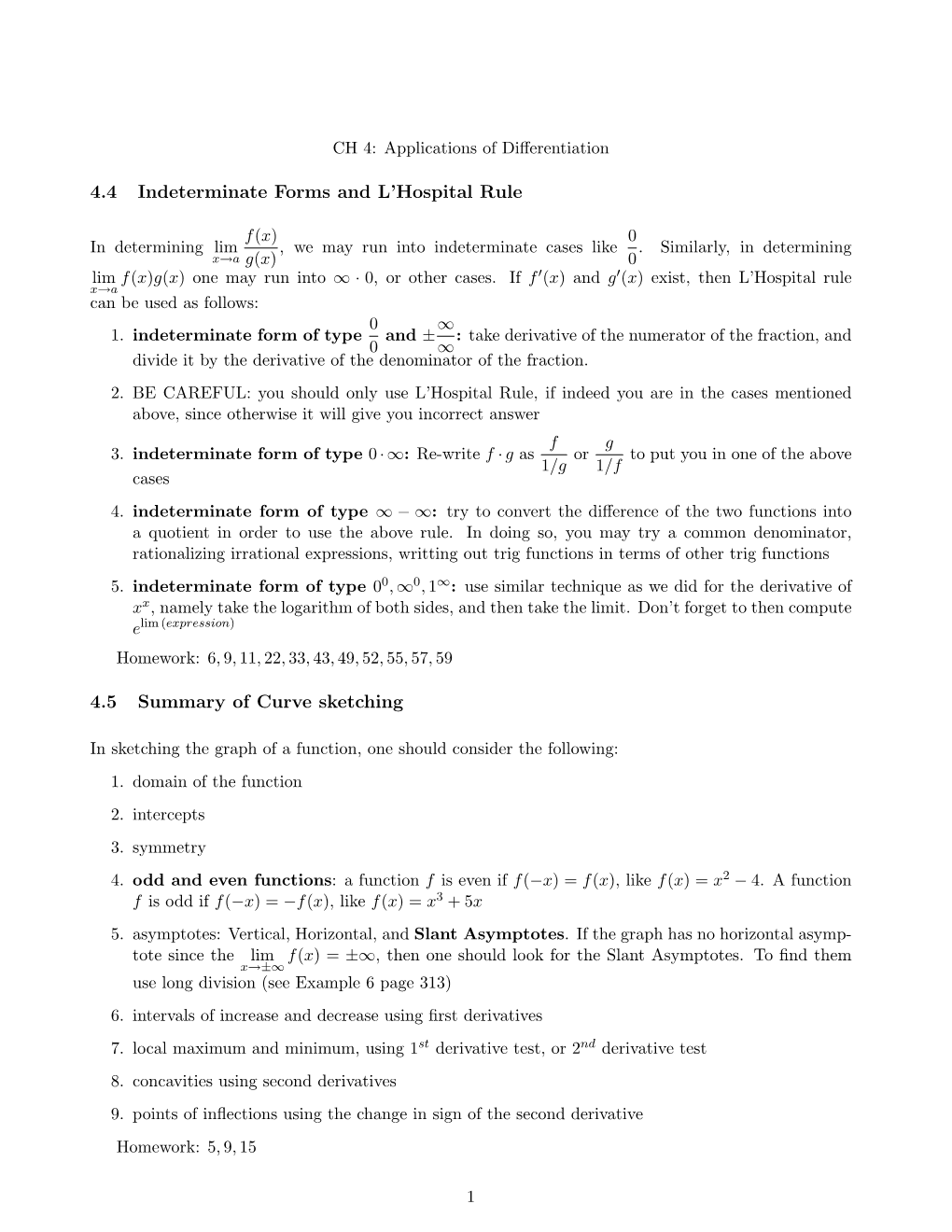 4.4 Indeterminate Forms and L'hospital Rule 4.5 Summary Of