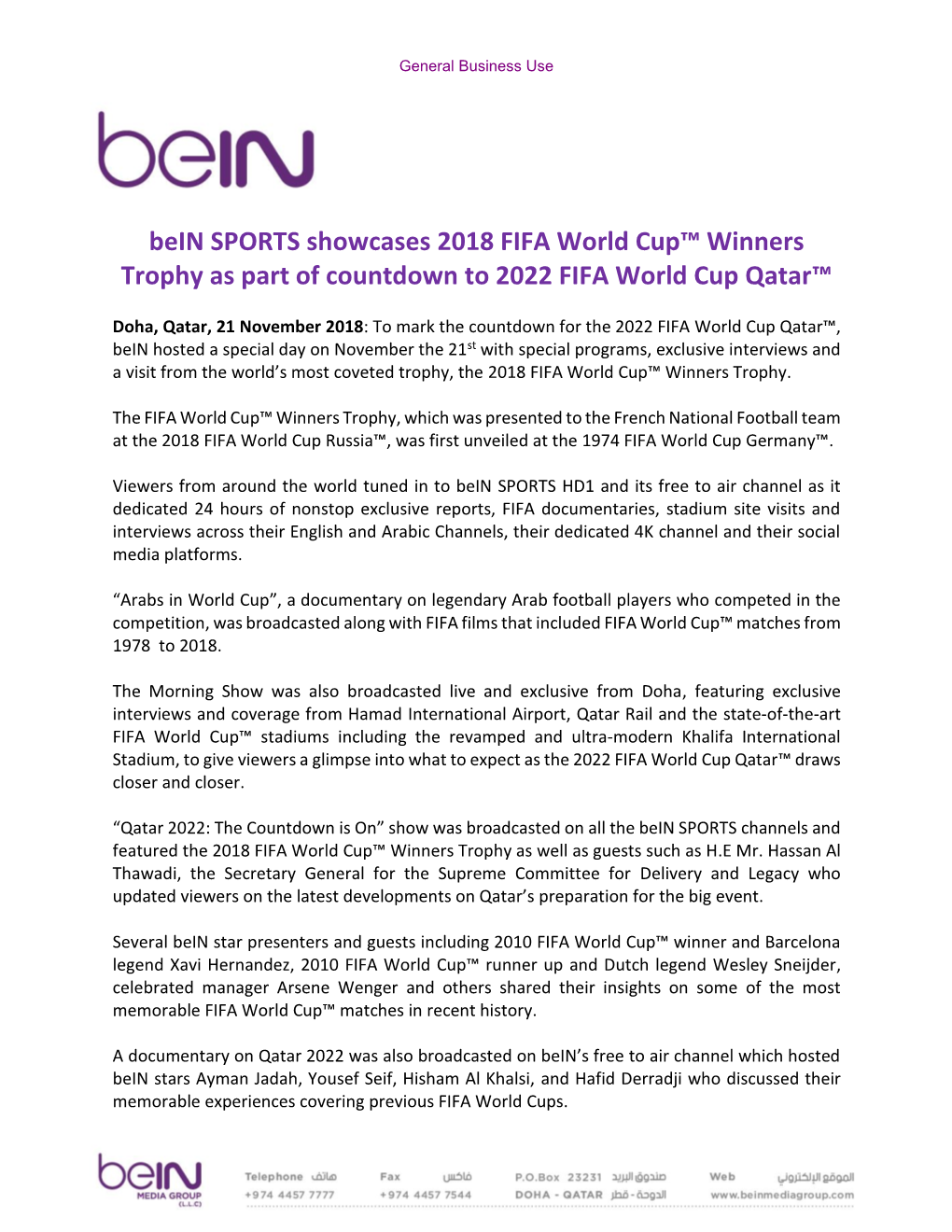 Bein SPORTS Showcases 2018 FIFA World Cup™ Winners Trophy As Part of Countdown to 2022 FIFA World Cup Qatar™