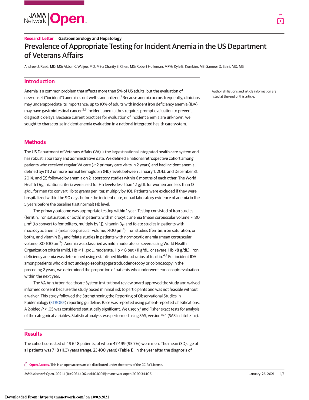 Prevalence of Appropriate Testing for Incident Anemia in the US Department of Veterans Affairs