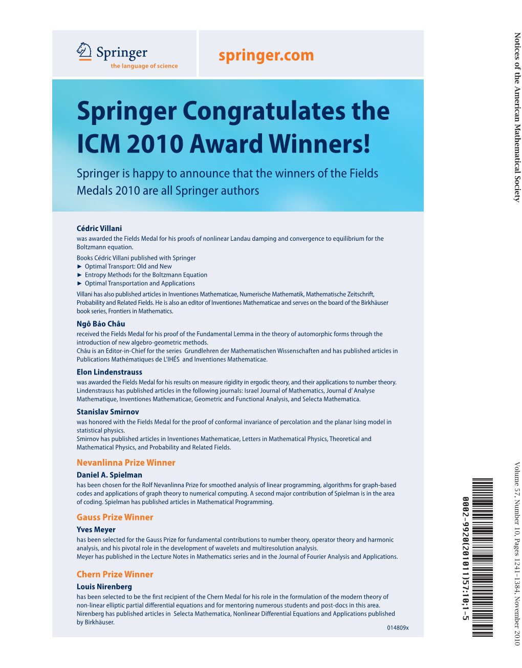 Springer Congratulates the ICM 2010 Award Winners!