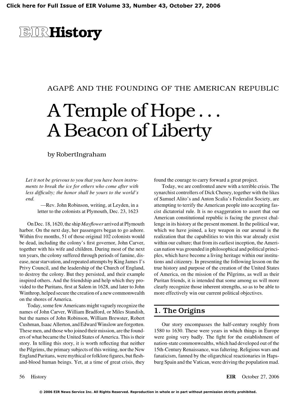 Agapē and the Founding of the American Republic: a Temple of Hope ... a Beacon of Liberty