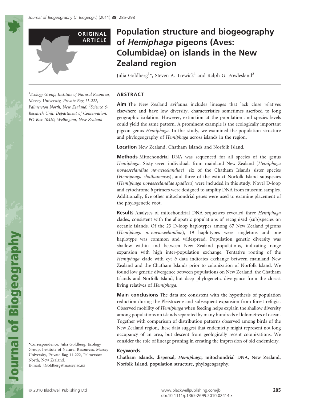 Population Structure and Biogeography of Hemiphaga Pigeons