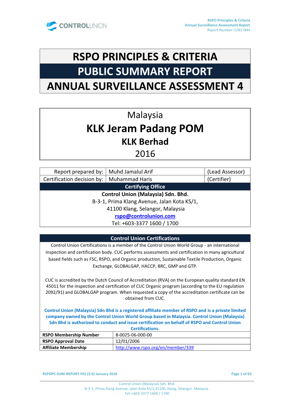 RSPO P&C Audit Report Template