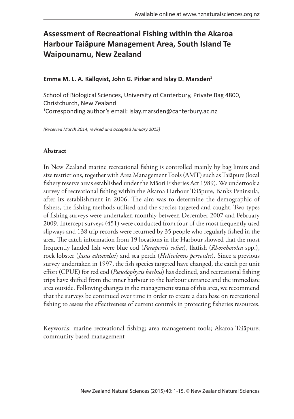 Assessment of Recreational Fishing Within the Akaroa Harbour Taiāpure Management Area, South Island Te Waipounamu, New Zealand