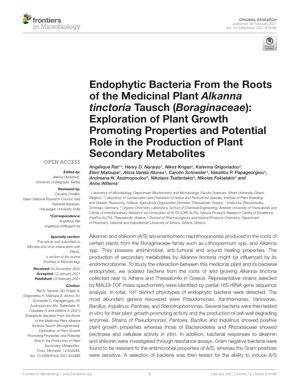 Endophytic Bacteria from the Roots of the Medicinal Plant Alkanna