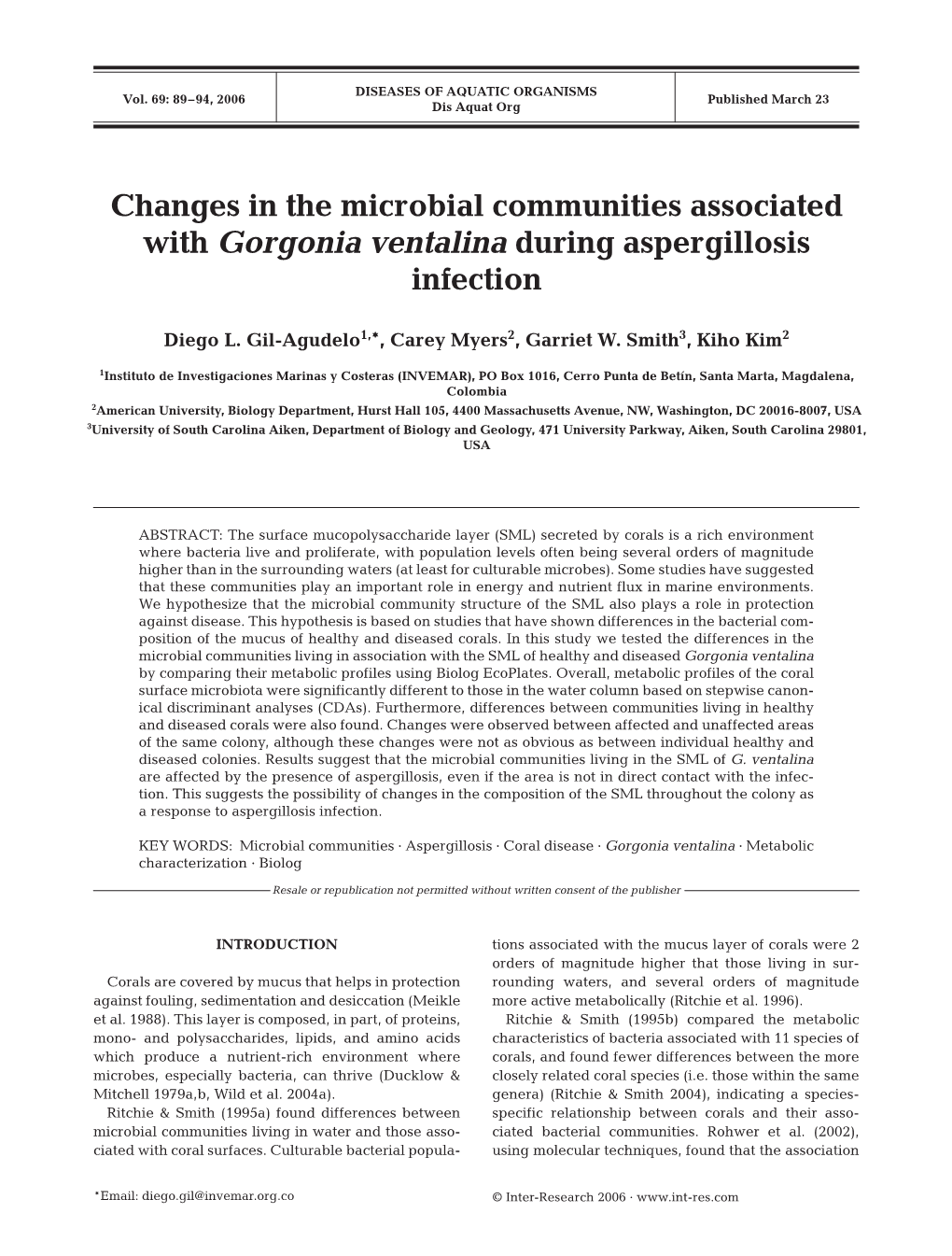 Changes in the Microbial Communities Associated with Gorgonia Ventalina During Aspergillosis Infection