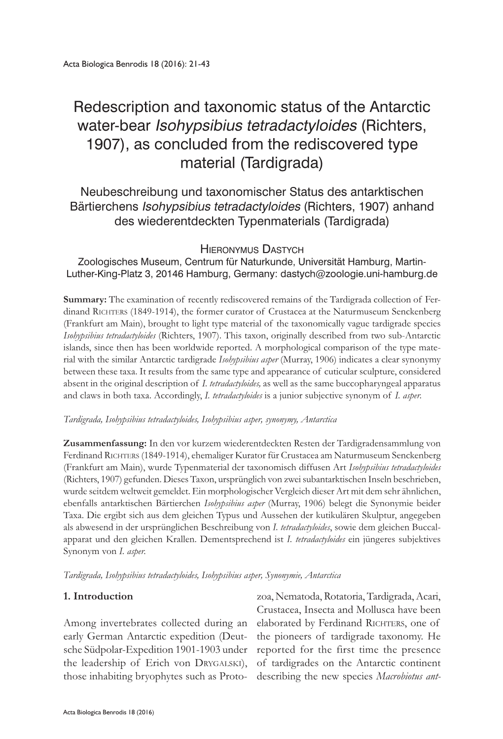 Redescription and Taxonomic Status of the Antarctic Water-Bear Isohypsibius Tetradactyloides (Richters, 1907), As Concluded From